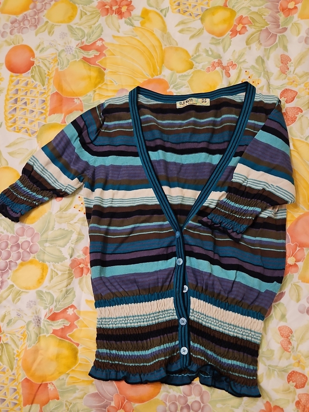 Old Navy Women's Striped V-Neck Button Cardigan - Blue Teal Purple Multi
